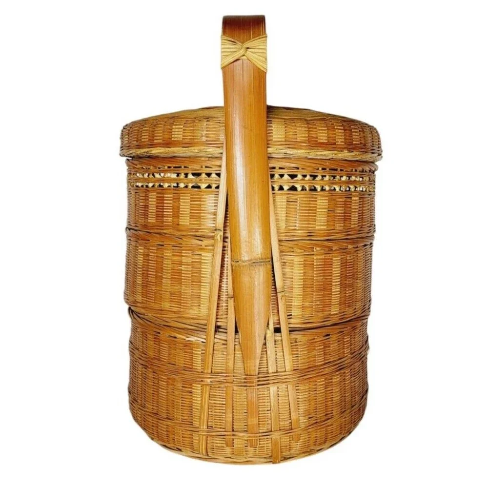 Vintage 1940s Boho Chinese Stacked Wicker Nesting Triple Storage Wedding Basket